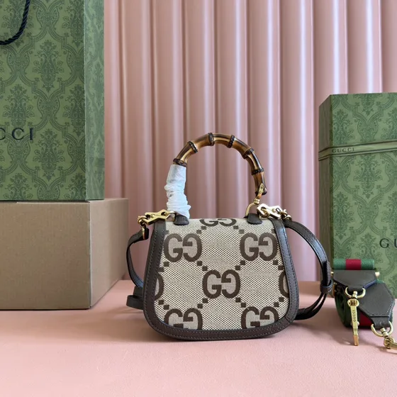 Gucci Bamboo 1947 Jumbo Gg Mini Top Handle Bag Beige Dark Brown Top Handle