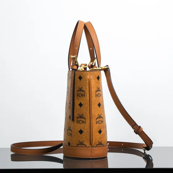 MCM Aren Visetos Bucket Bag Cognac Brown Crossbody Top Handle