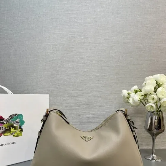 Prada Leather Shoulder Bag Beige Hobo