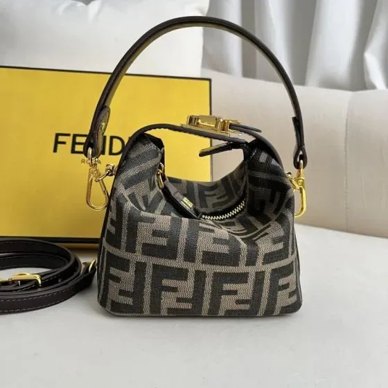 Fendi Ff Jacquard Mini Top Handle Bag Brown Beige Top Handle