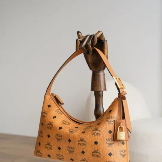 MCM Aren Visetos Hobo Shoulder Bag Cognac Hobo
