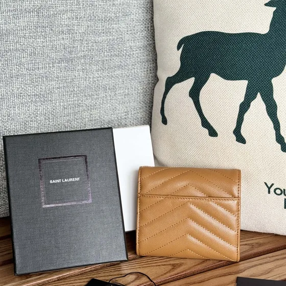 YSL Cassandre Matelass Card Case Envelope Caramel Tan Card Holder