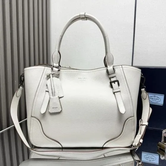 Prada Leather Top Handle Tote With Shoulder Strap White Tote Bag