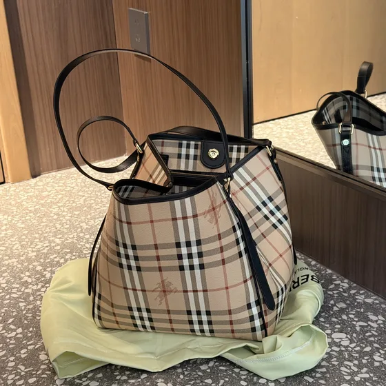 Burberry Haymarket Check Tote Beige Tote Bag