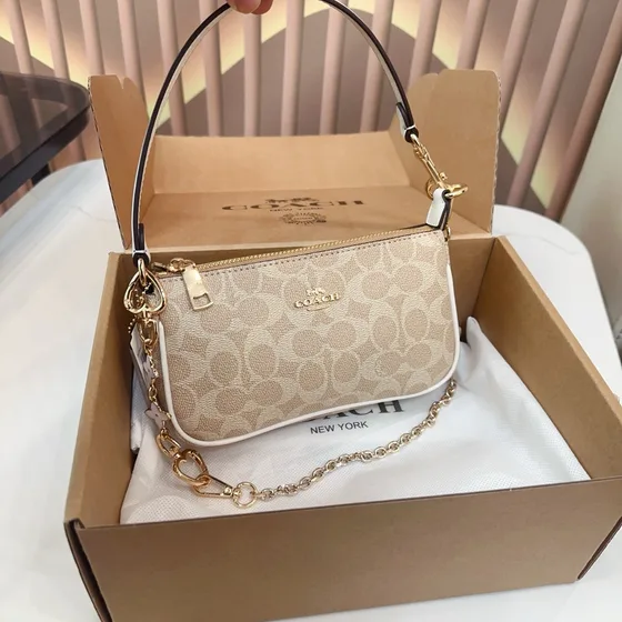 Coach Signature Canvas Chain Wristlet Khaki Brown Pouch