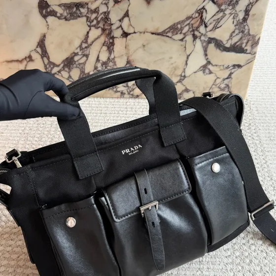 Prada Canvas And Leather Work Tote Khaki Brown Olive Green Top Handle