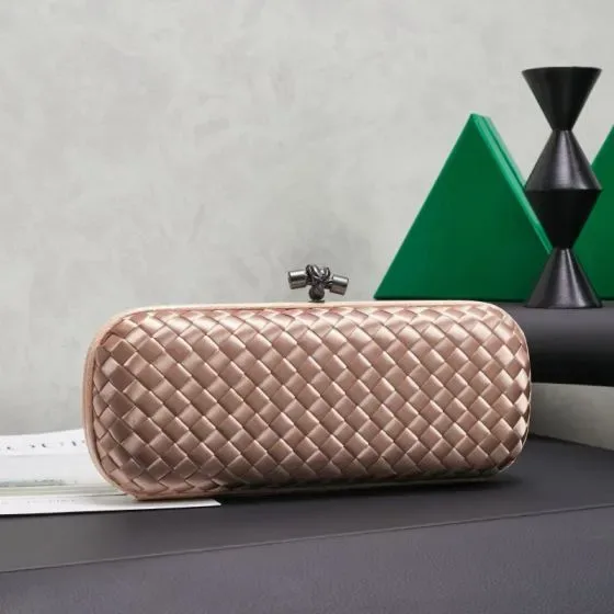 Bottega Veneta Intreccio Satin Knot Clutch Champagne Clutch