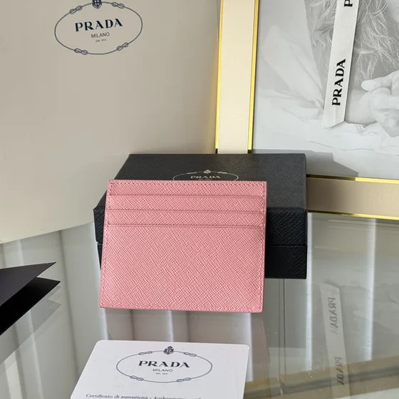Prada Saffiano Triangle Logo Card Holder Roze Card Holder