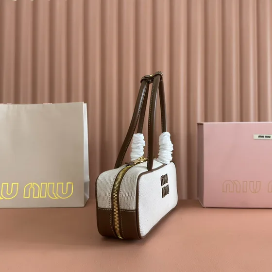 Miu Miu Kanvas Kulit Top Handle Bag Beige With Coklat Trim Top Handle
