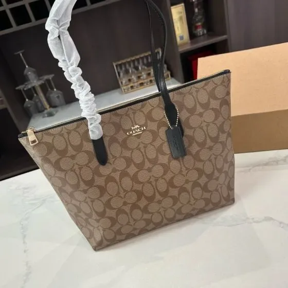 Coach Zip Top Tote In Signature Canvas Khaki Black Tote Bag