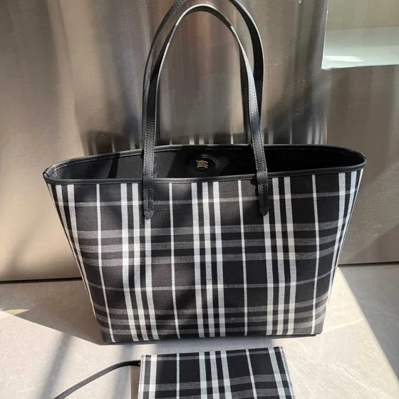 Burberry Check Canvas Tote Bag Black White Charcoal Plaid Dark Base Tote Bag