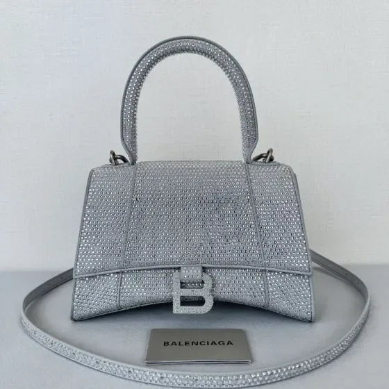Balenciaga Hourglass Top Handle Bag With Rhinestones Silver Top Handle