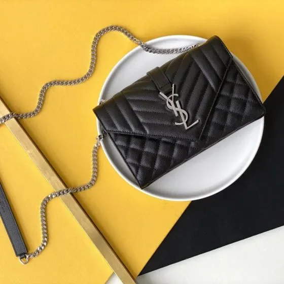 YSL Cassandre Matelass Envelope Chain Wallet Black Woc