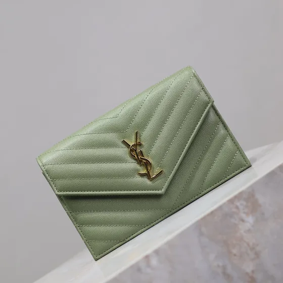 YSL Cassandre Matelass Envelope Wallet On Chain Light Green Woc