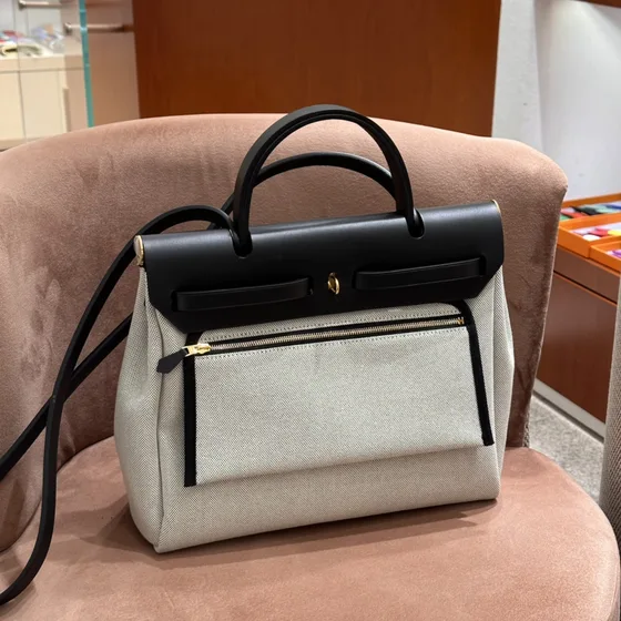 Hermes Herbag Zip Beige/Negro Asa superior