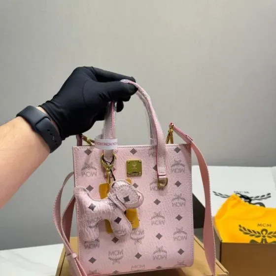 MCM Aren Visetos Top Handle Shopper Tote Mini Pink Tote Bag