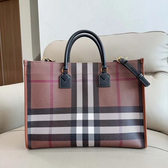 Burberry Check Pocket Tote Bag Birch Brown Check Tote Bag