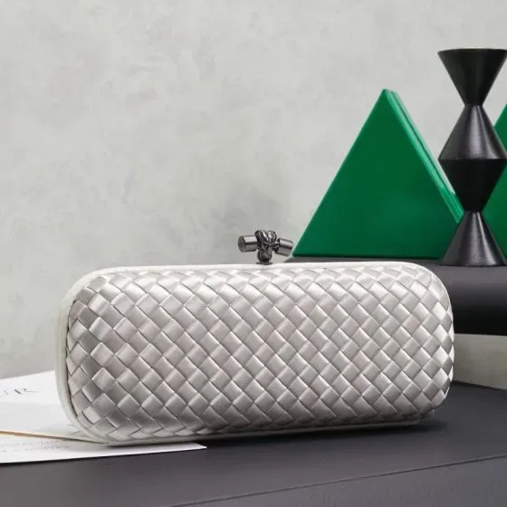 Bottega Veneta Intrecciato Satin Knot Clutch Silver Clutch