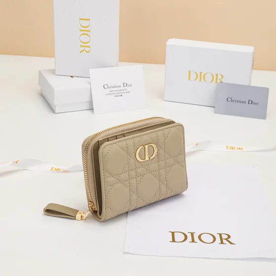 Dior Dior Caro Compact Zipped Portemonnee Beige Portemonnee