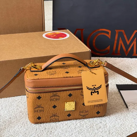MCM Aren Visetos Cosmetic Case Cognac Black Top Handle