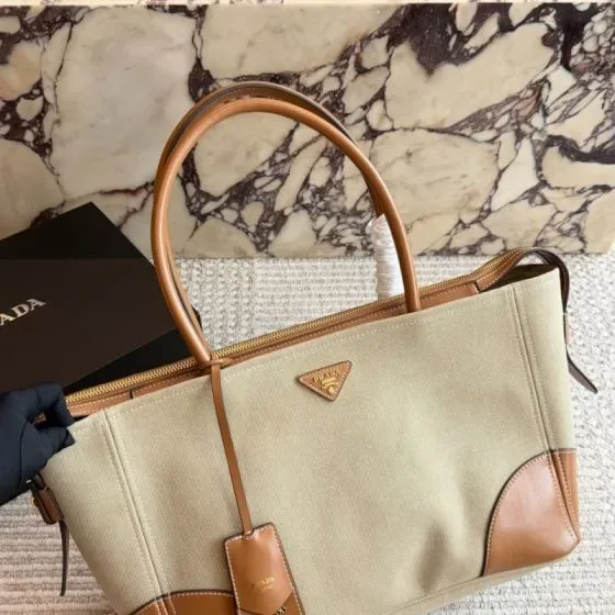 Prada Canvas Leather Trimmed Tote Bag Beige Brown Tote Bag