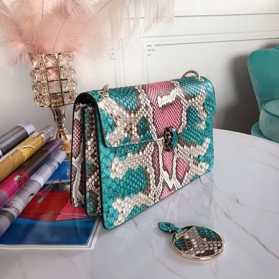 Bvlgari Serpenti Forever Multicolor Python Teal Pink Shoulder Bag