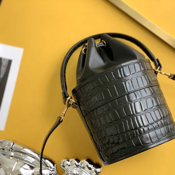 YSL Small Croc-Embossed Leather Bucket Bag Black Crossbody
