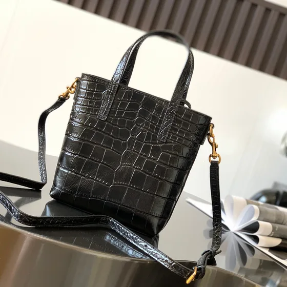 YSL Mini Shopping Bag Crocodile Embossed أسود Tote Bag
