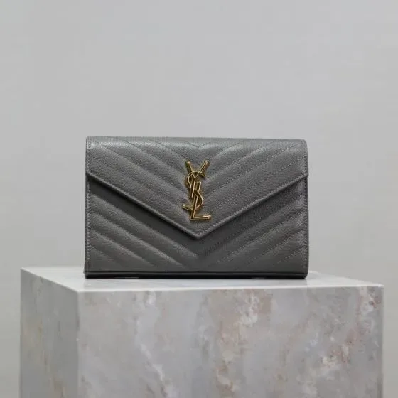 YSL Cassandre Matelass Envelope Chain Wallet Gray Woc