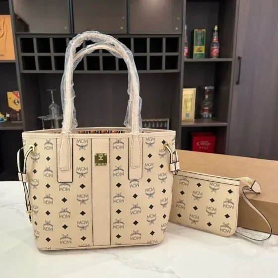 MCM Aren Visetos Shopper Tote Beige Tote Bag