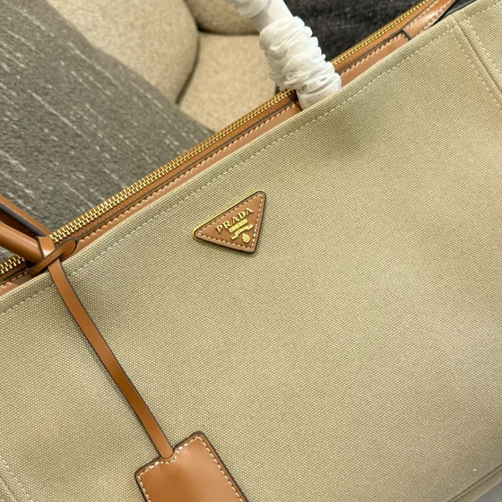 Prada قماش جلد Tote بيج/Cognac, أسود Tote Bag