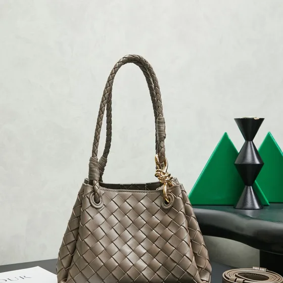Bottega Veneta Andiamo Taupe Grey Shoulder Bag