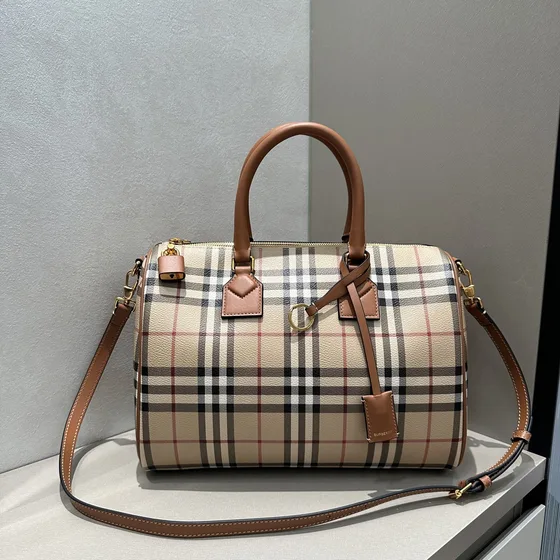 Burberry Check Leather Bowling Bag Beige Briar Brown Top Handle