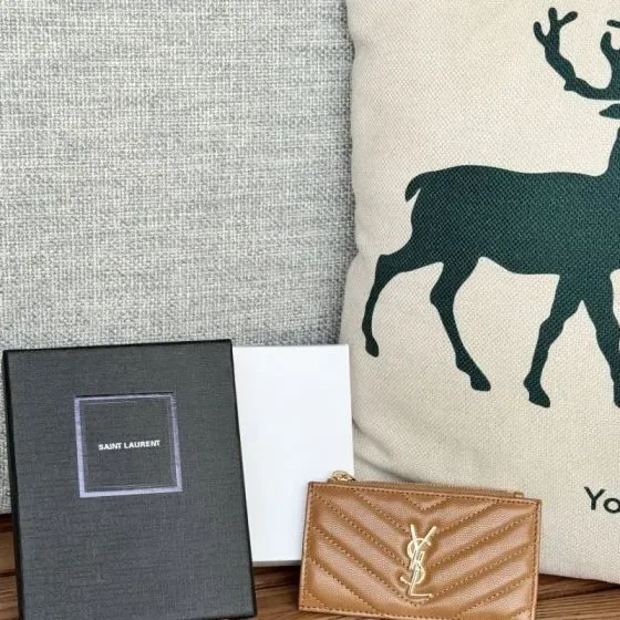 YSL Cassandre Matelass Zipped Card Case Brown Card Holder