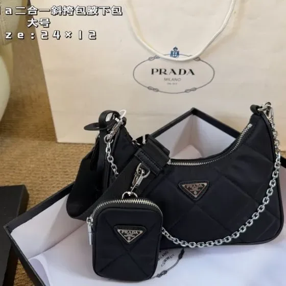 Prada Re-Edition 2005 Quilted Nylon 2-In-1 Bag Black 24 12 Hobo