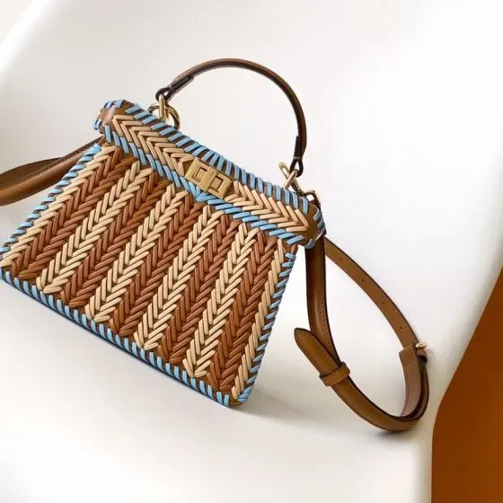 Fendi Peekaboo Iseeu Petite Woven Leather Bag Brown Top Handle
