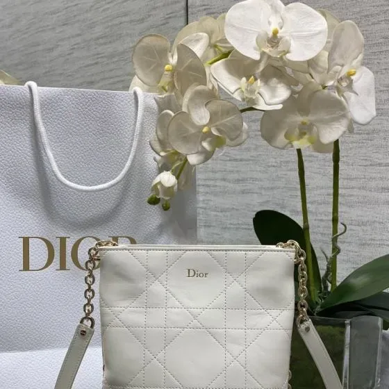 Dior Cannage Lambskin Zip Shoulder Pouch With Chain White Pouch