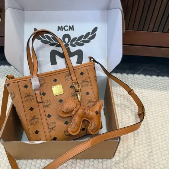 MCM Aren Visetos Mini Shopper Tote Cognac 18 5 19 9 5cm Tote Bag