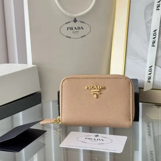 Prada Saffiano Metal Zip Coin Purse Beige Coin Purse