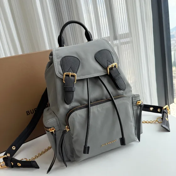 Burberry The Medium Rucksack In Technical Nylon And Leather Gray Backpack