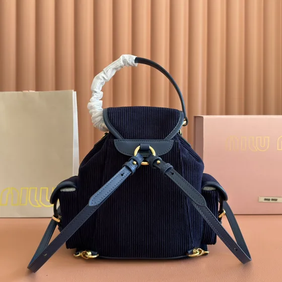 Miu Miu Corduroy Pocket Backpack Navy Blue Backpack
