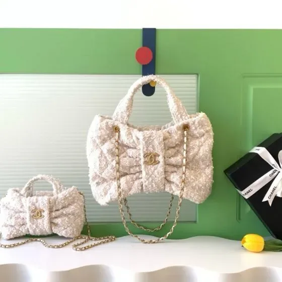 Chanel Bow Tote Bag Beige White Tote Bag