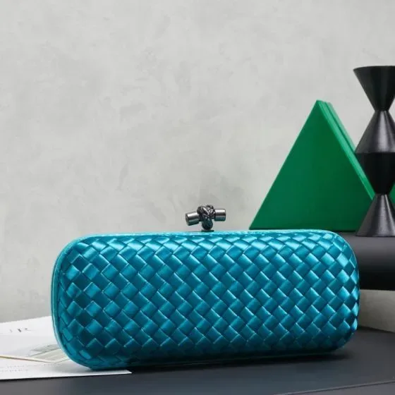 Bottega Veneta Intrecciato Satin Knot Clutch Turquoise Clutch