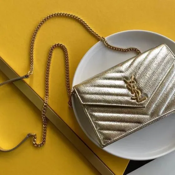YSL Cassandre Matelass Envelope Chain Wallet Gold Woc