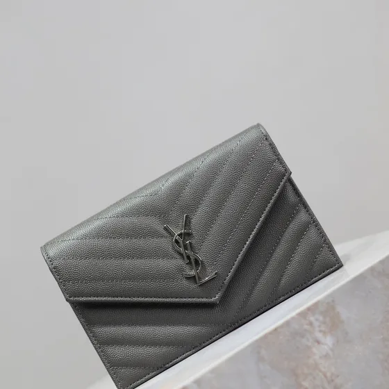 YSL Cassandre Matelass Envelope Wallet On Chain Gray Woc