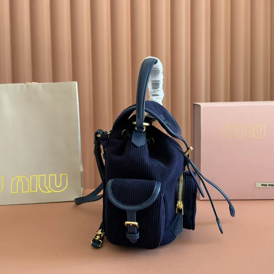 Miu Miu Corduroy Pocket Backpack สีน้ำเงินเข้ม สีฟ้า Backpack
