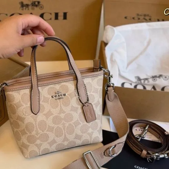 Coach City Mini Tote Bag In Signature Canvas Light Khaki Taupe Tote Bag