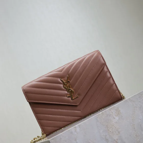 YSL Cassandre Matelass Chevron Envelope Chain Wallet Dusty Rose Woc
