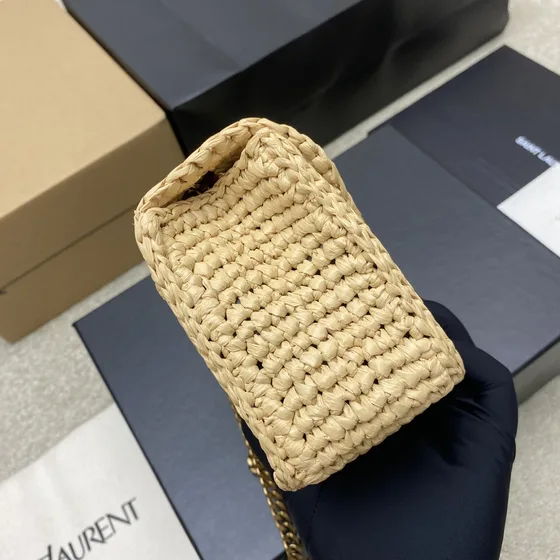 YSL Cassandre Small Envelope Chain Bag In Raffia Natural Beige Crossbody