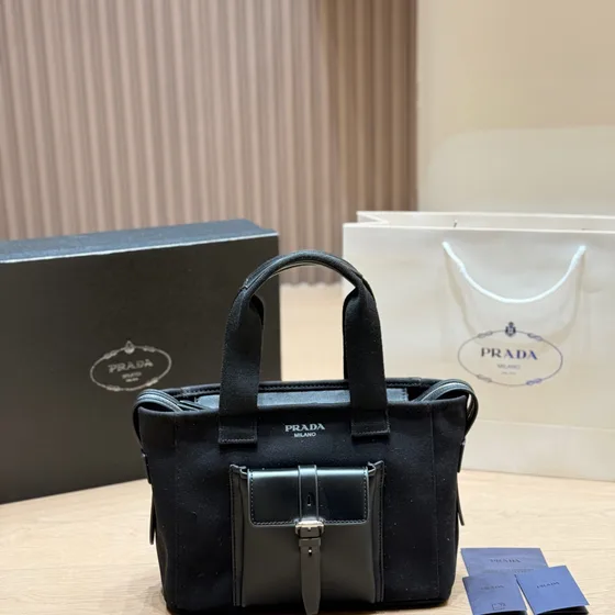 Prada Re-Nylon And Brushed Leather Small Tote Black Tote Bag